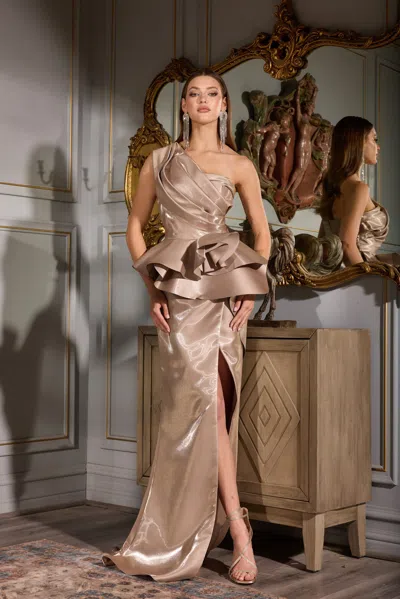 Terani Couture 252e5551 Long Evening Formal Fitted Slit Peplum Dress In Brown