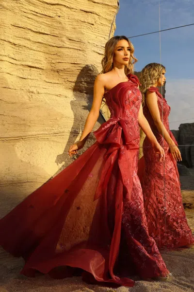 Terani Couture 252gl5205 Long Formal Fitted Prom Dress In Burgundy