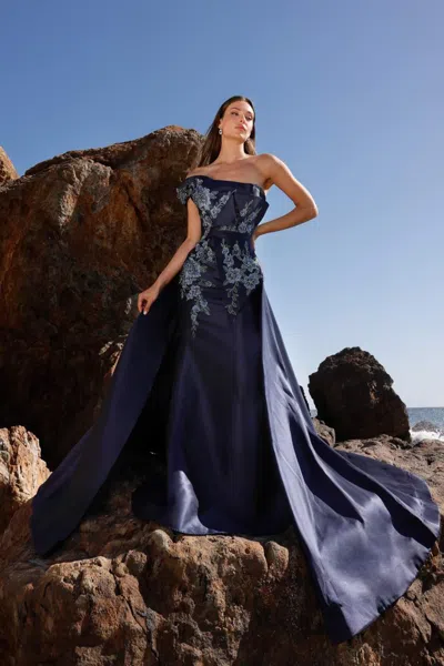 Terani Couture 252m5309 Long Fitted Overskirt Formal Dress In Blue