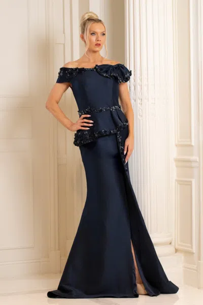 Terani Couture 252m5328 Fitted Long Formal Peplum Evening Dress In Blue