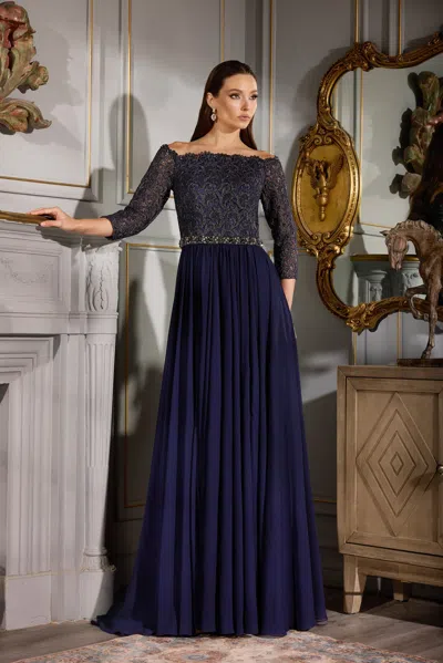 Terani Couture 252m5332 Long Formal Metallic Lace Evening Dress In Blue