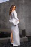 Terani Couture 252m5352 Long Beaded Formal Evening Peplum Dress In Silver