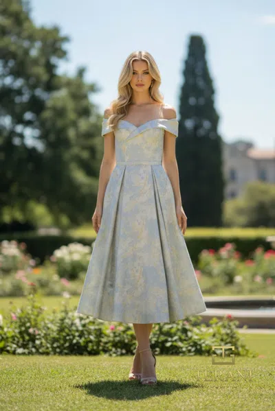Terani Couture 261c6515 A Line Tea Length Floral Short Cocktail Dress In Blue