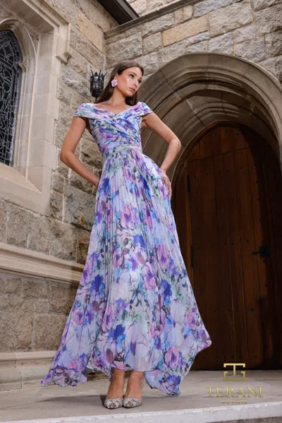 Terani Couture 261c6641 A Line Tea Length Print Short Cocktail Dress In Purple