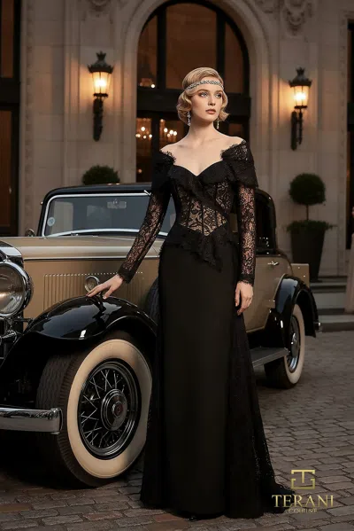 Terani Couture 261e6208 Long Sleeve Lace Formal Mother Of The Bride Dress In Black