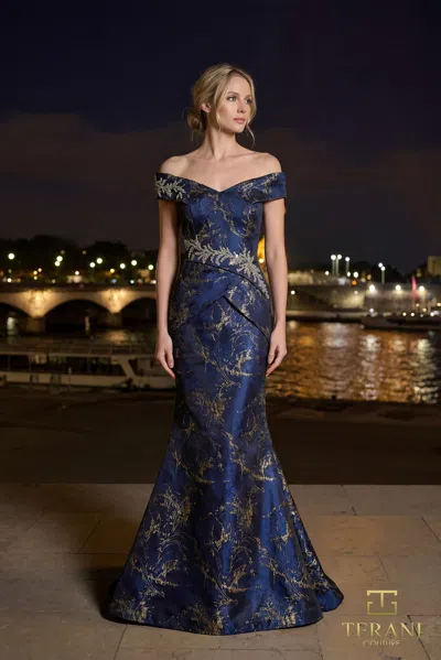Terani Couture 261e6252 Print Long Beaded Formal Dress In Blue