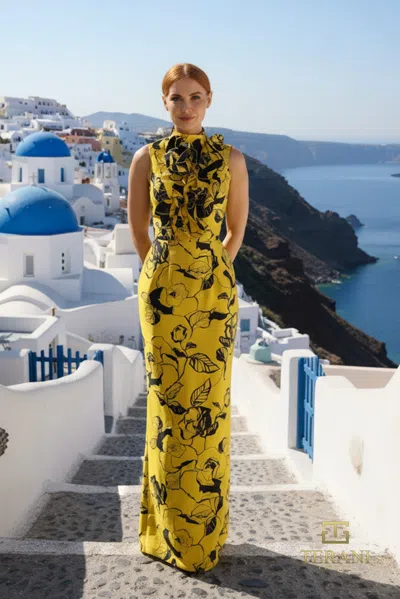 Terani Couture 261e6277 Floral Print Fitted Long Formal Dress In Yellow