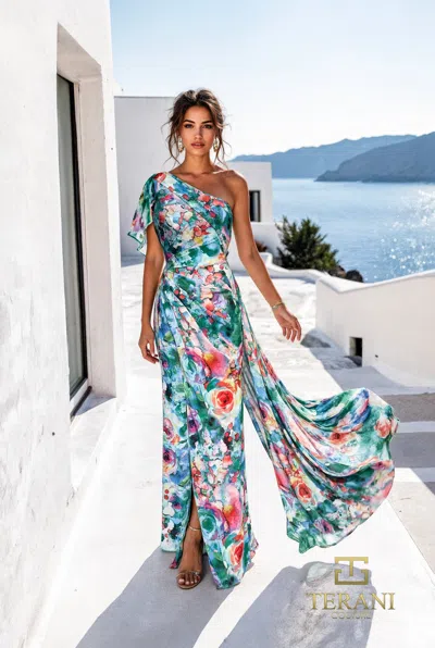 Terani Couture 261e6646 Long Print Slit Formal Dress In Multi