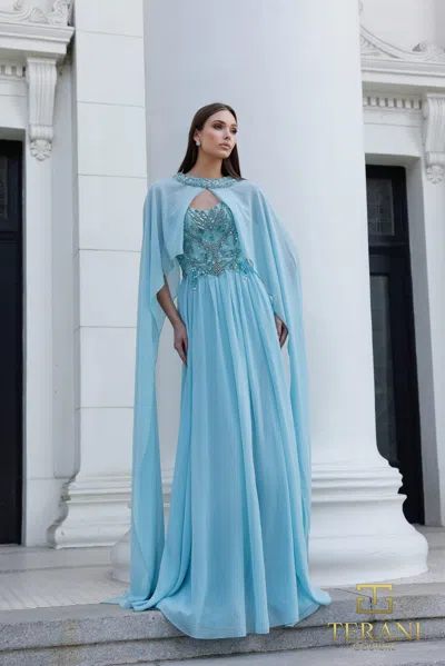 Terani Couture 261m6402 A Line Long Formal Cape Mother Of The Bride Dress In Blue