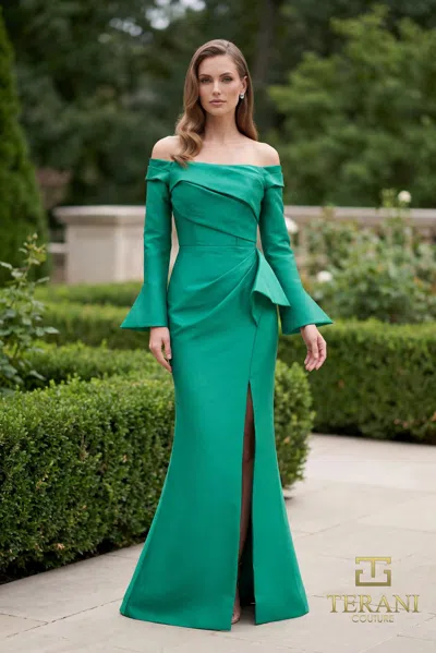 Terani Couture 261m6412 Long Sleeve Slit Formal Dress In Green