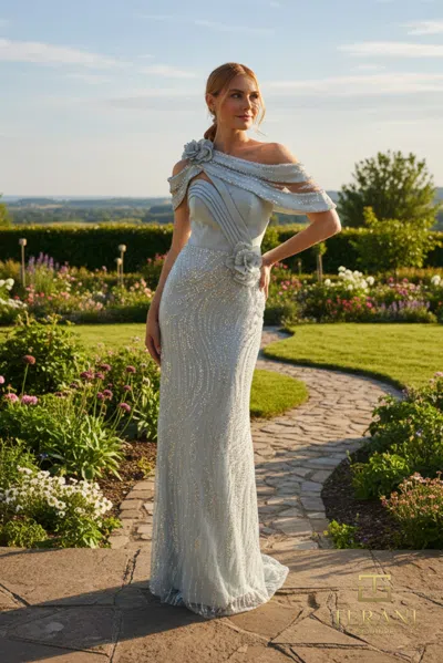 Terani Couture 261m6427 Long Formal Beaded Floral Mother Of The Bride Dress In Silver