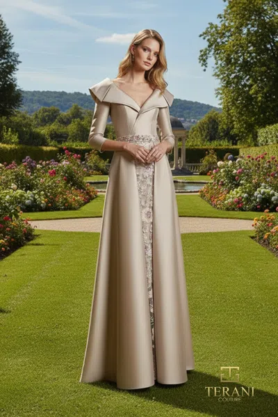 Terani Couture 261m6455 A Line Slit Long Sleeve Mother Of The Bride Dress In Neutral