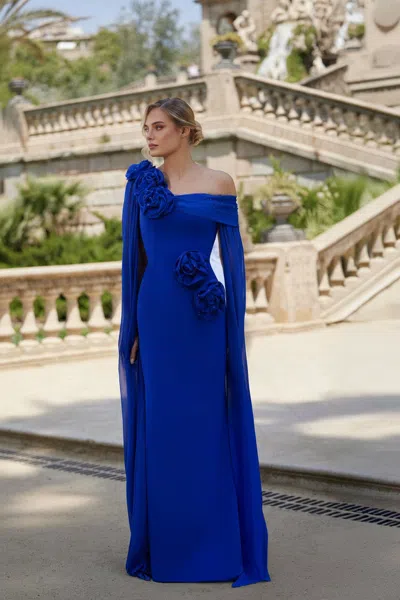 Terani Couture 261m6474 Long Evening Formal Cape Dress In Blue