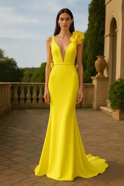 Terani Couture 261p6061 Prom Fitted Long Formal 3d Floral Evening Dress In Yellow