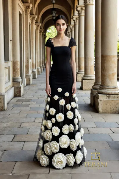 Terani Couture 261p6098 Fitted Long Formal 3d Floral Applique Prom Dress In Black