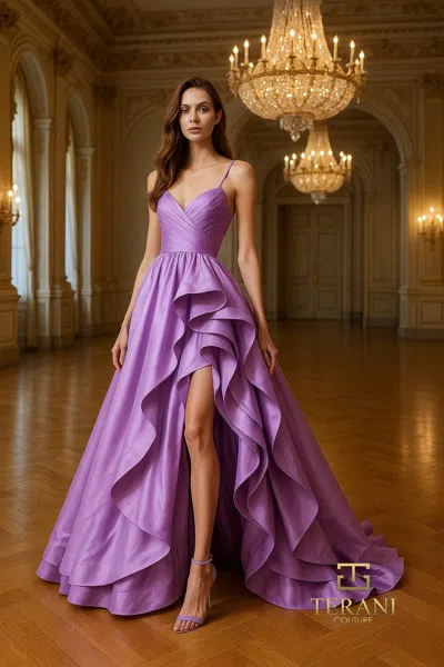 Terani Couture 261p6172 High Low Ball Gown Ruffle Prom Dress In Purple