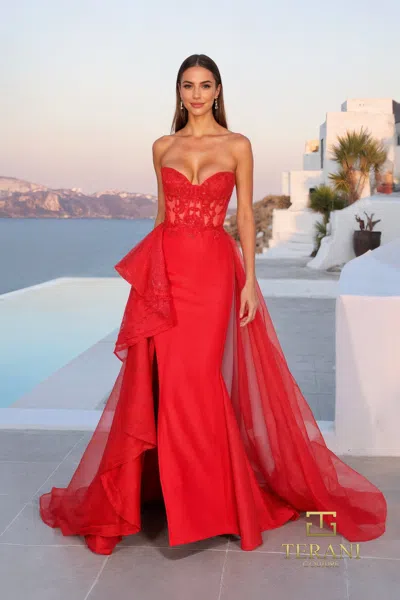 Terani Couture 261p6261 Lace Long Formal Slit Prom Dress In Red