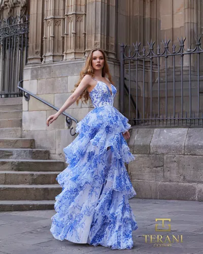 Terani Couture 261p6673 Printed Ball Gown Tiered High Low Prom Dress In Blue