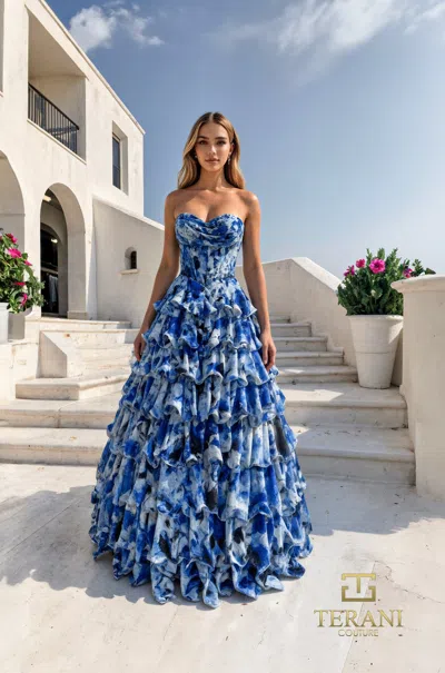 Terani Couture 261p6690 Long Ball Gown Printed Tiered Prom Dress In Blue