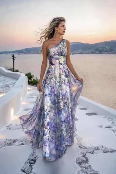 Terani Couture 261p6696 Long Formal A Line Floral Print Prom Dress In Blue
