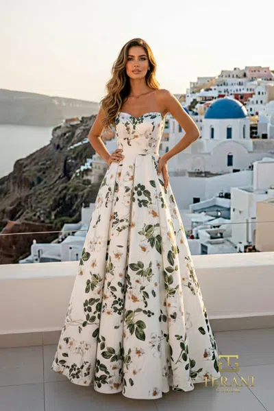 Terani Couture 261p6705 A Line Long Formal Printed Prom Dress In White
