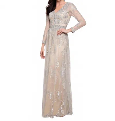 Terani Couture 3/4 Sleeve V-neck Lace Over Dress In Silver Nude In Neutral