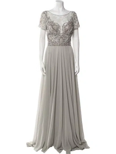 Pre-owned Terani Couture Bateau Neckline Long Dress In Gray