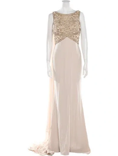 Pre-owned Terani Couture Bateau Neckline Long Dress In Neutral