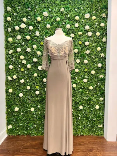Terani Couture Beaded Off Shoulder Mother Of The Bride Dress In Taupe In Neutral
