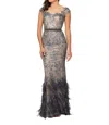 Terani Couture Embroidered Lace Fitted Gown In Grey In Black
