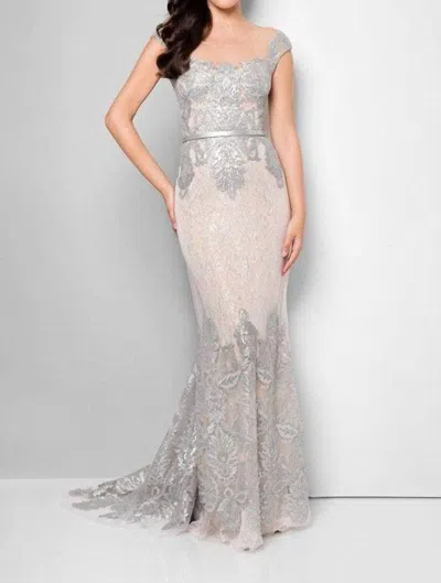 Terani Couture Embroidered Lace Mermaid Gown In Grey/nude In Silver