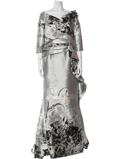Pre-owned Terani Couture Floral Print Long Dress In Gray