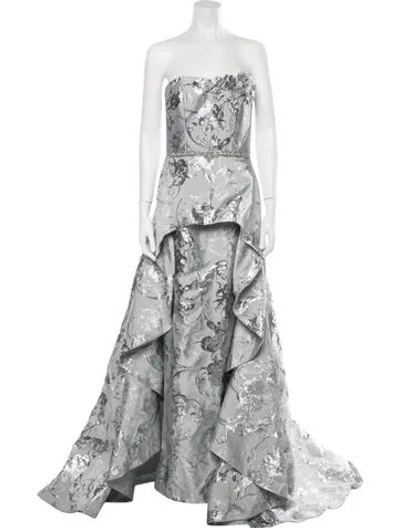 Pre-owned Terani Couture Floral Print Long Dress In Gray