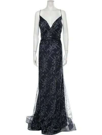 Pre-owned Terani Couture Floral Print Long Dress W/ Tags In Blue