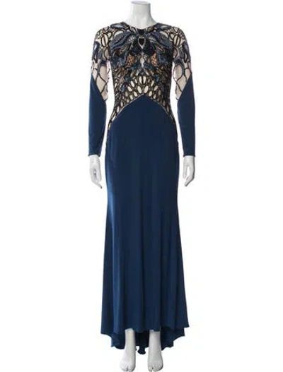 Pre-owned Terani Couture Graphic Print Long Dress In Blue