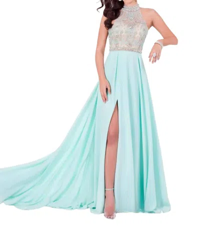 Terani Couture Halter Beaded Prom Dress In Aqua In Blue