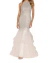 TERANI COUTURE HALTER NECK BEADED LONG DRESS IN IVORY