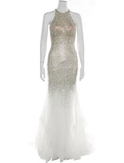 Pre-owned Terani Couture Halterneck Long Dress In White