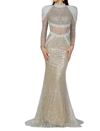 Terani Couture High Neck Mermaid Evening Dress In Silver/nude In Multi