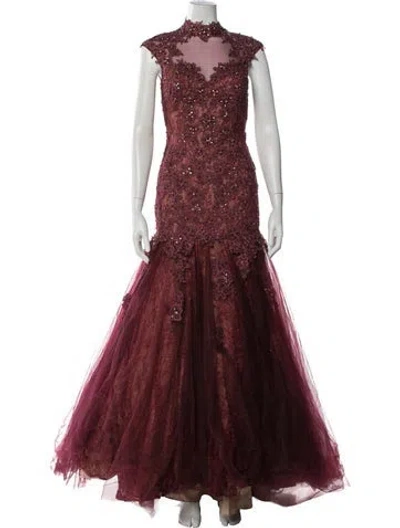Pre-owned Terani Couture Lace Long Dress In Burgundy