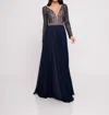 Terani Couture Lace Long Sleeved A-line Gown In Navy In Black