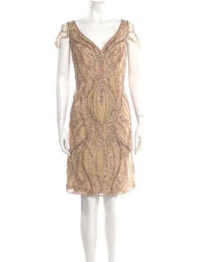 Pre-owned Terani Couture Lace Pattern Knee-length Dress In Neutral