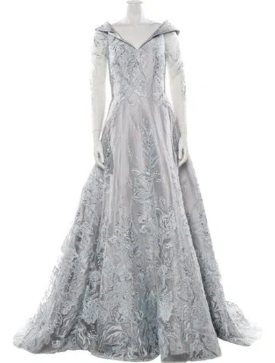 Pre-owned Terani Couture Lace Pattern Long Dress In Blue