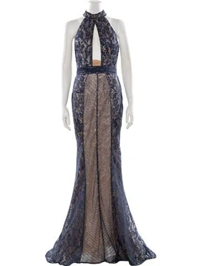 Pre-owned Terani Couture Lace Pattern Long Dress In Blue