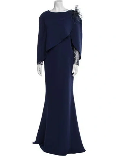 Pre-owned Terani Couture Lace Pattern Long Dress In Blue