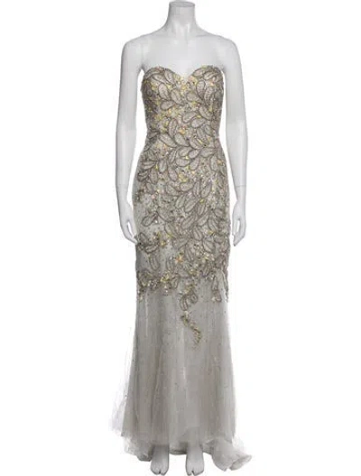 Pre-owned Terani Couture Lace Pattern Long Dress In Gray