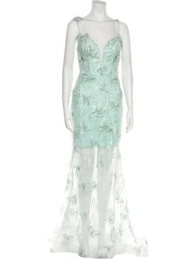 Pre-owned Terani Couture Lace Pattern Long Dress In Green