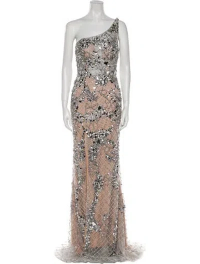 Pre-owned Terani Couture Lace Pattern Long Dress In Neutral