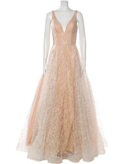 Pre-owned Terani Couture Lace Pattern Long Dress In Neutral