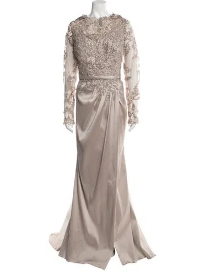 Pre-owned Terani Couture Lace Pattern Long Dress In Neutral